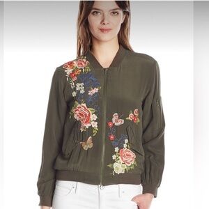EXC Johnny Was Olive Green Silk Embroidered Bomber Jacket Large JWLA